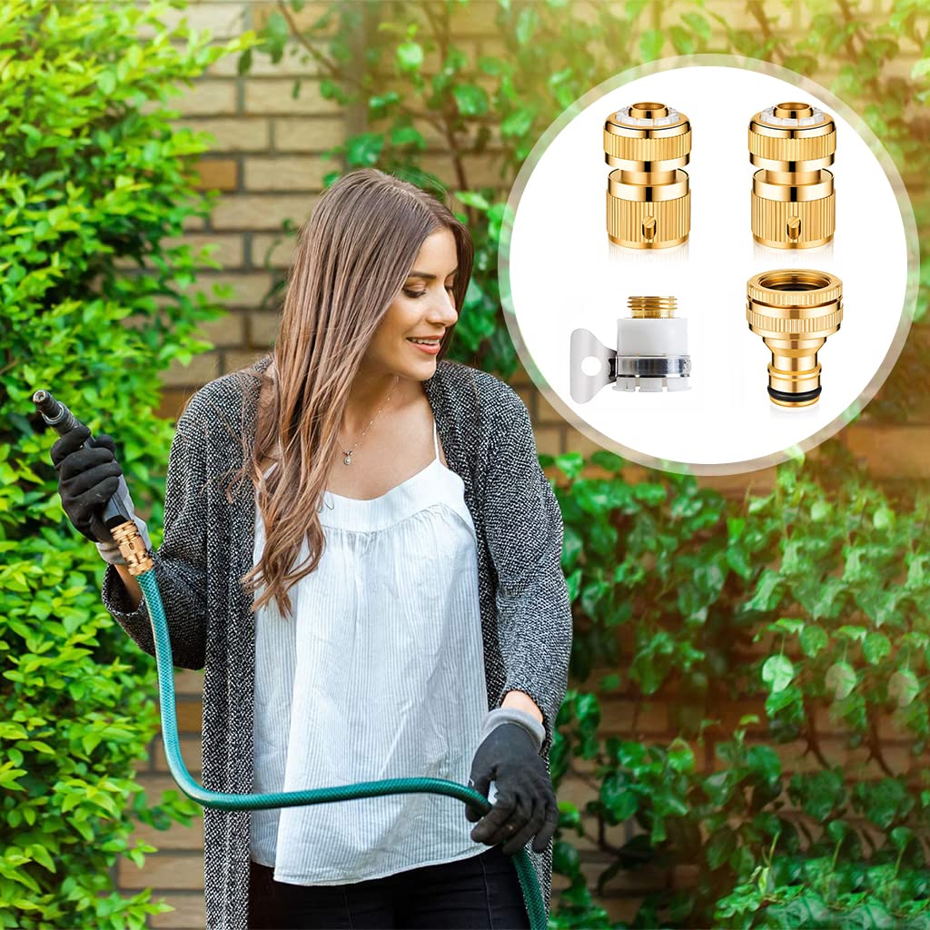 HASTHIP Garden Hose Tap Connector Set for 1/2 and 3/4 Inch Faucets with 360° Rotation | Solid Brass 8PCS Quick Connect Adapters