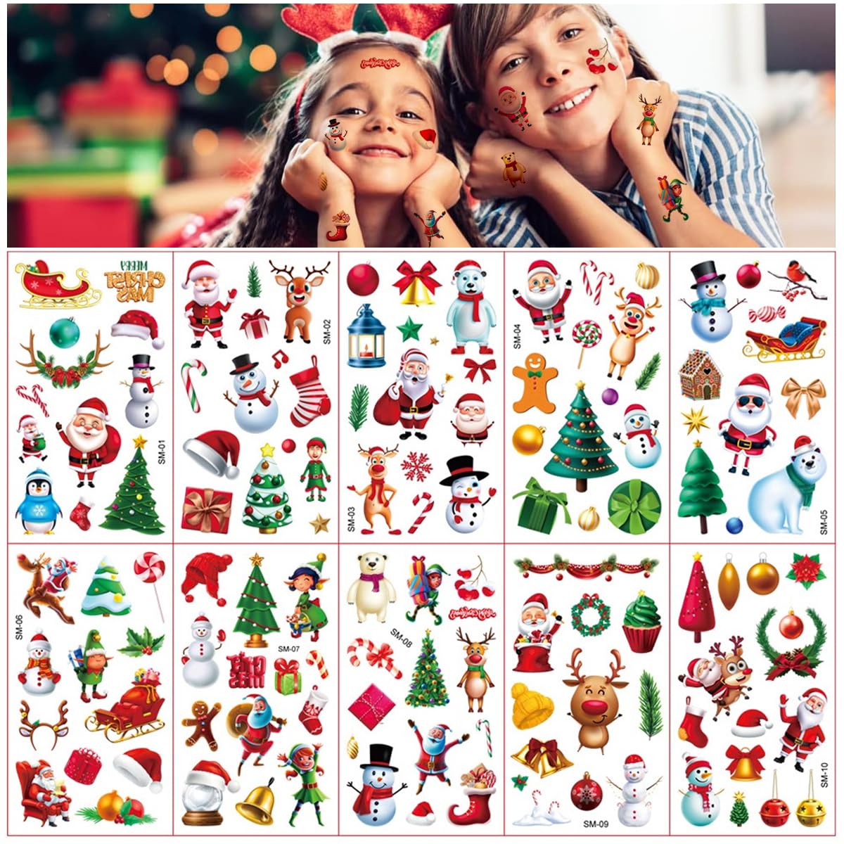 HASTHIP® 10 Sheet Christmas Tattoo Sticker Makeup Tattoo Sticker Cute Face Tattoo Sticker for Christmas Party Fun Christmas Face Sticker for Xmas Makeup, Theme Party
