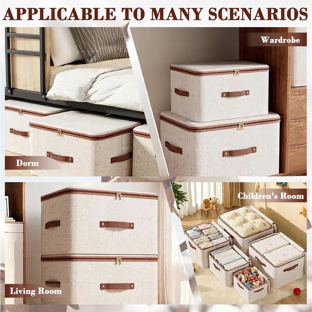 HASTHIP Storage Bins for Clothes with Dual Zipper and Reinforced Handles | 56L Foldable Cotton Linen Boxes