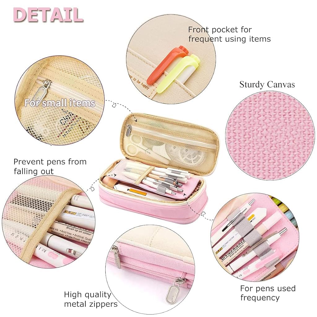 HASTHIP Large Capacity Pencil Case, Durable Storage Multiple Compartment Double Zipper Portable Capacity Pencil Pouch for College Student Teen, 22x11cm (Pink)