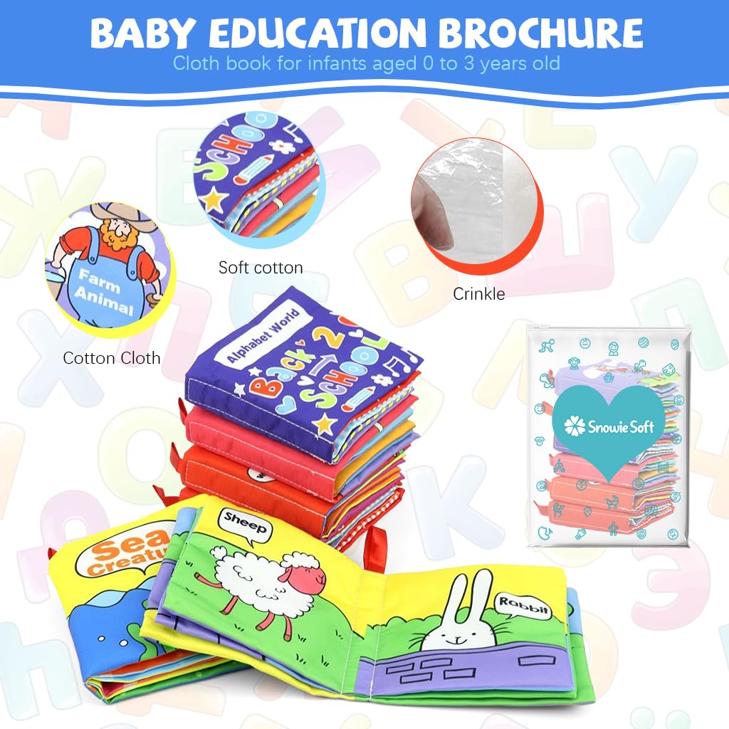 SNOWIE SOFT Cloth Books for Babies 0 to 3 Years with Crinkle Pages and Bright Colors | 6Pcs Sensory Toy Set for Early Learning
