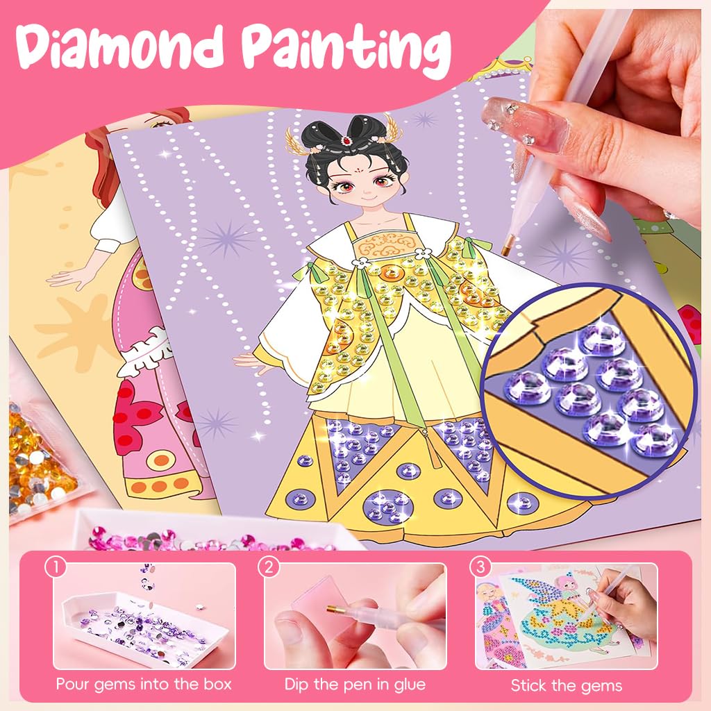 PATPAT® DIY Diamond Painting Art Kit for Girls Makeup Game Book Kit with Tools Cute Manga Girls Princess Diamond Painting Art Book Birthday Gift for Girls Art Craft Activity for Kids