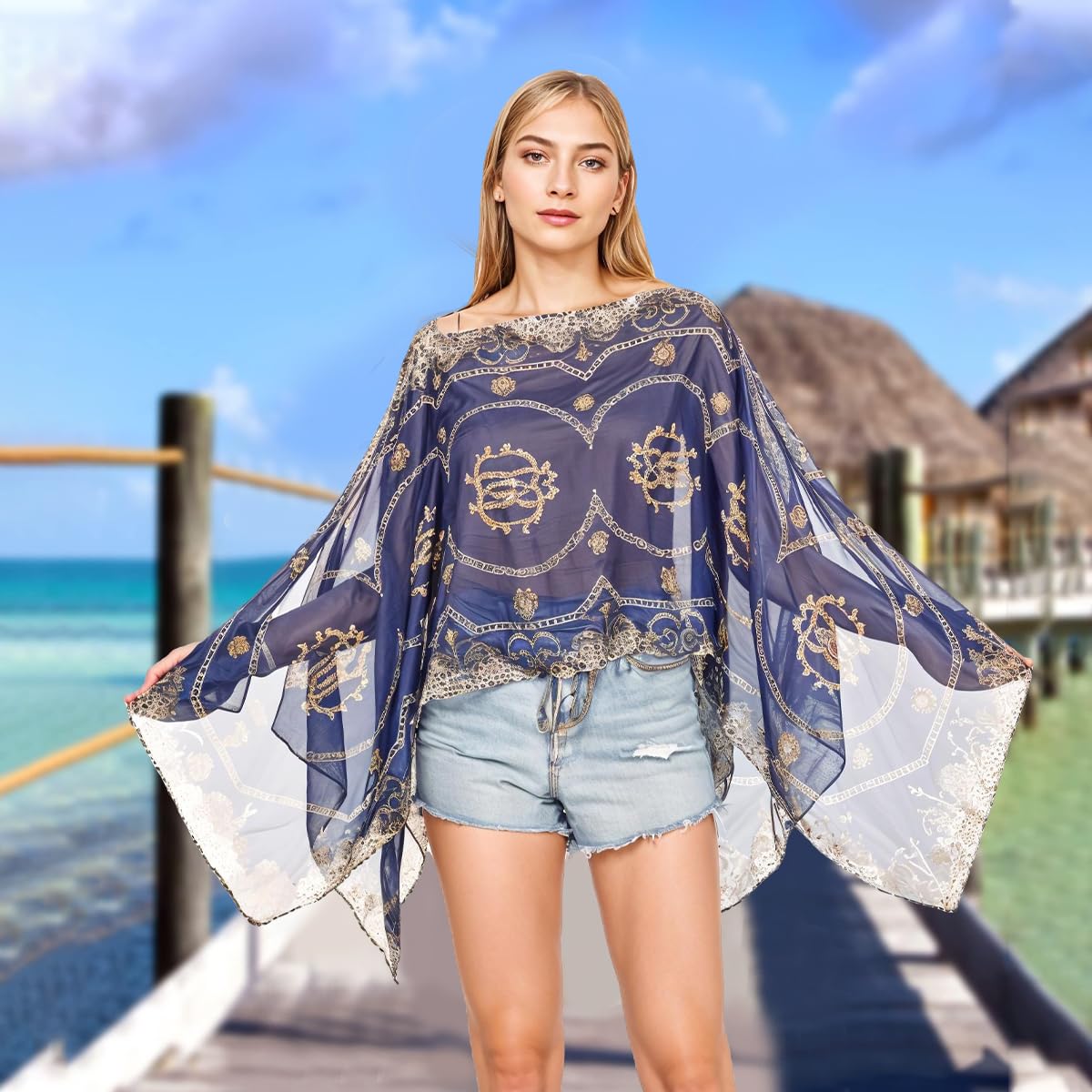 SANNIDHI Beachwear Cover Up for Women with Sheer Chiffon Floral Print and Faux Pearl Buttons | Above Knee Kaftan Shawl for Swimsuit