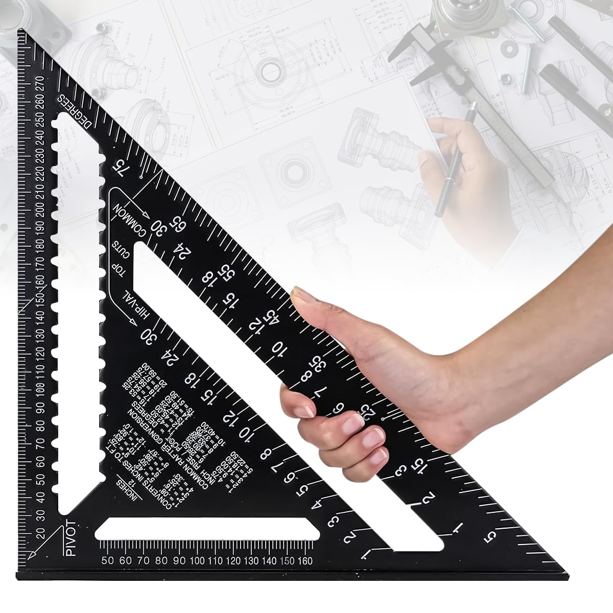 HASTHIP® Scale Ruler, 12 Inch Accurate Carpentry Square Tools, Metric Triangle Ruler Square Protractor High Precision Aluminum Alloy Triangle Ruler Double Scale Miter Framing Measurement Ruler