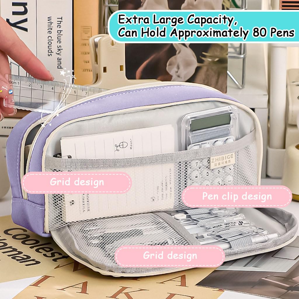 Zibuyu Pencil Pouch for School and Office with Double Layer Zip-Up Design | 21x11x7.5cm Canvas Organizer in Purple