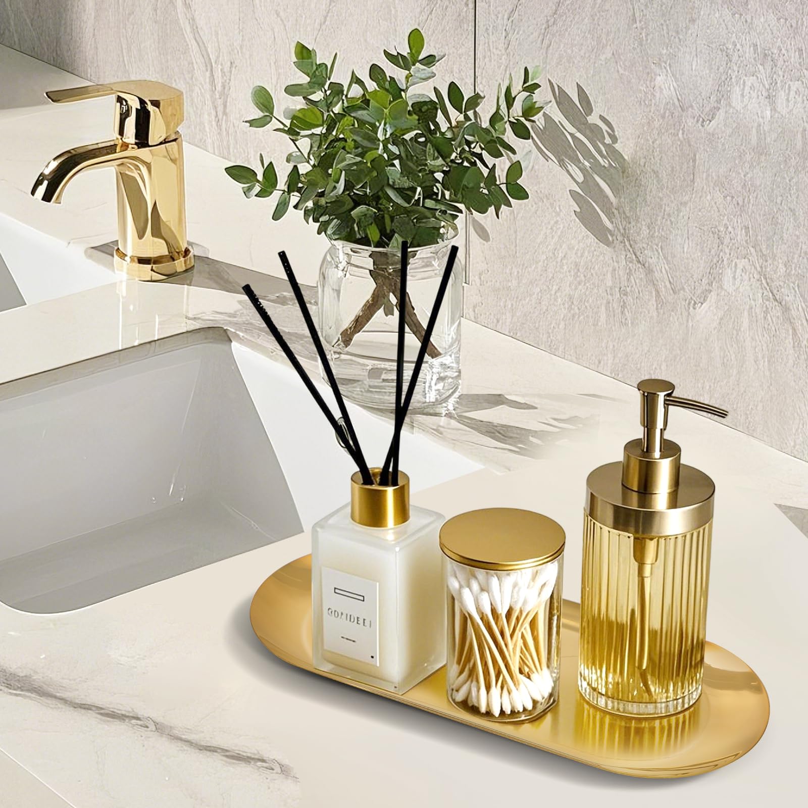 HASTHIP Vanity Trays Set for Bathroom and Jewelry with 2Pcs Golden Stainless Steel | Stylish Home Organizer