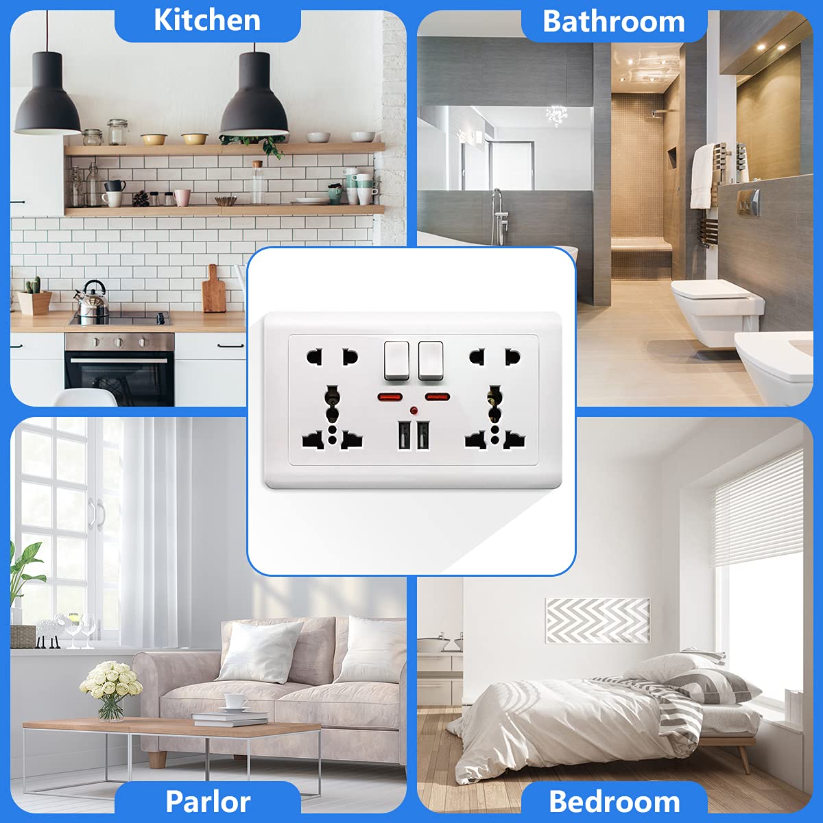 HASTHIP 2.1A 2 USB Multi Plug Socket Switch-Control Wall Socket with Installation Box 13A-250V Charger Power Panel Receptacle 5 Outlet Switch (multi)