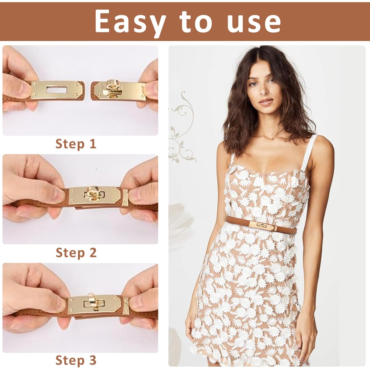 PALAY Waist Belt for Women featuring Alloy Turn Lock Buckle and Adjustable 65–105 cm Fit | Brown PU Leather Dress Accessory