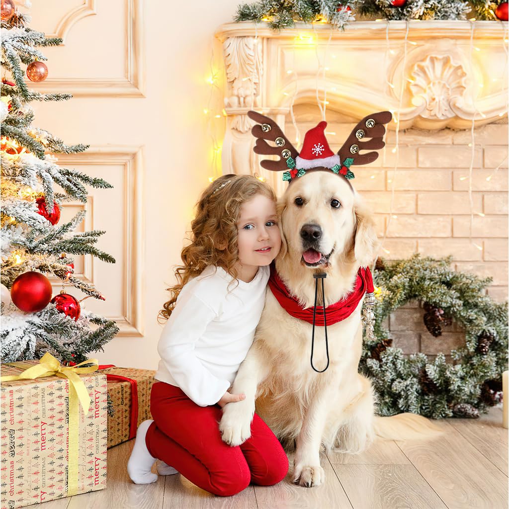 Qpets Dog Christmas Headband with Adjustable Chin Strap for Holiday Photos | Festive Elk Horn Santa Hat for Dogs and Cats