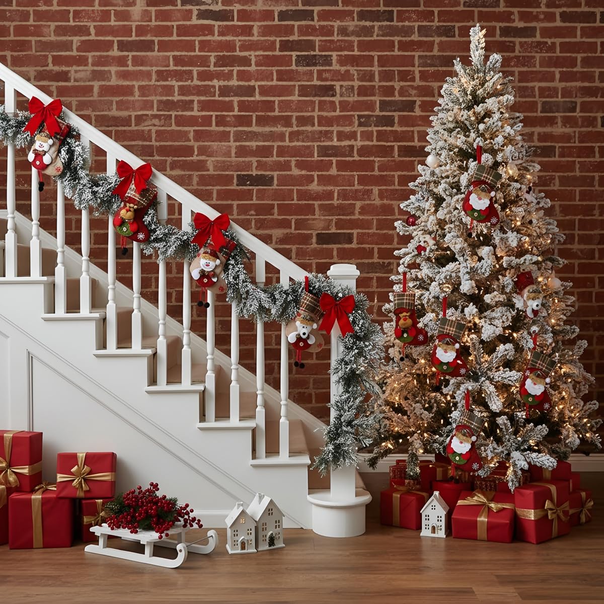 HASTHIP Christmas Stockings Set for Tree and Home Decor featuring 4pcs 14x19 cm Fabric Designs