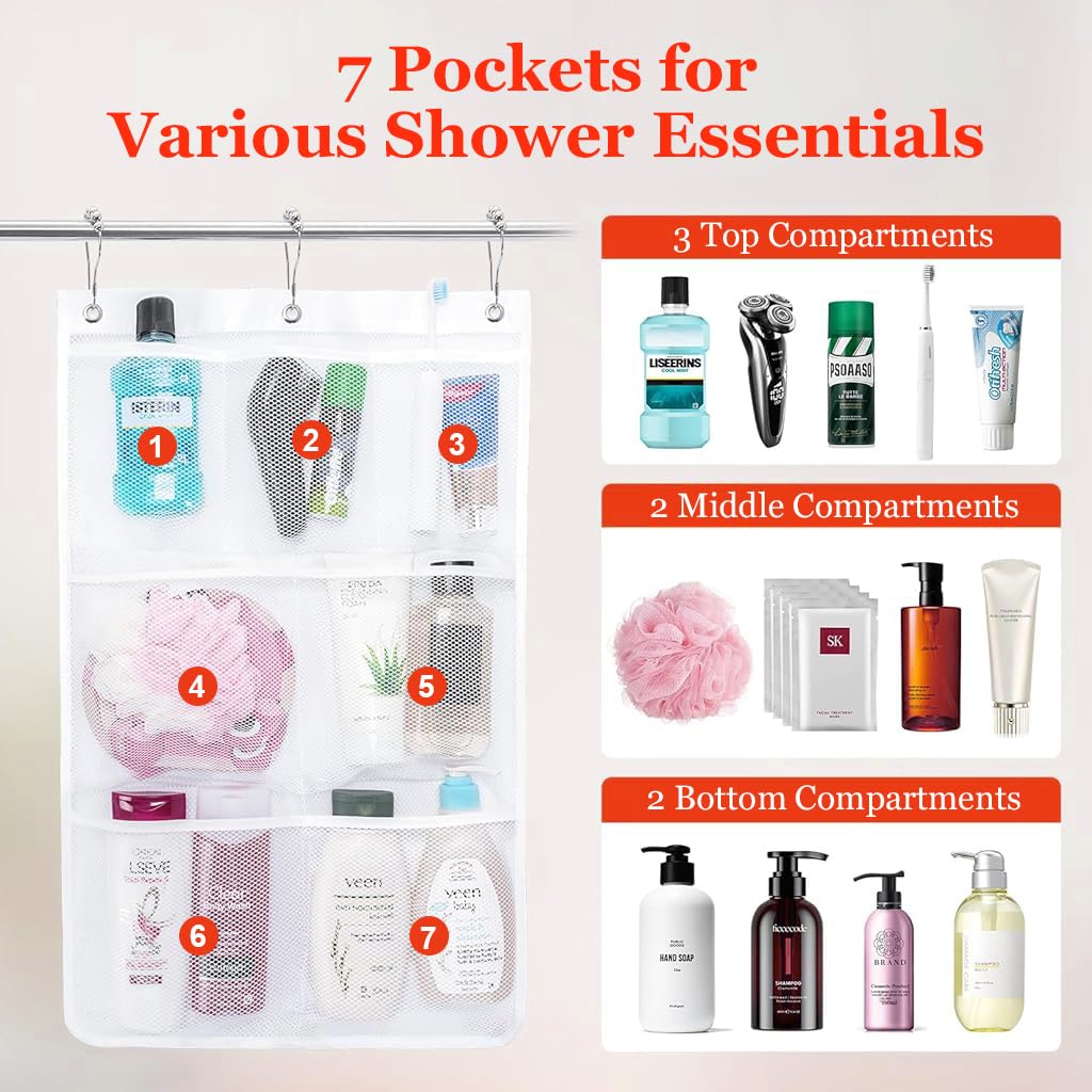 Supvox Hanging Shower Organizer for Bathroom and Travel with 7 Mesh Pockets 43x67cm | Quick Dry Bag