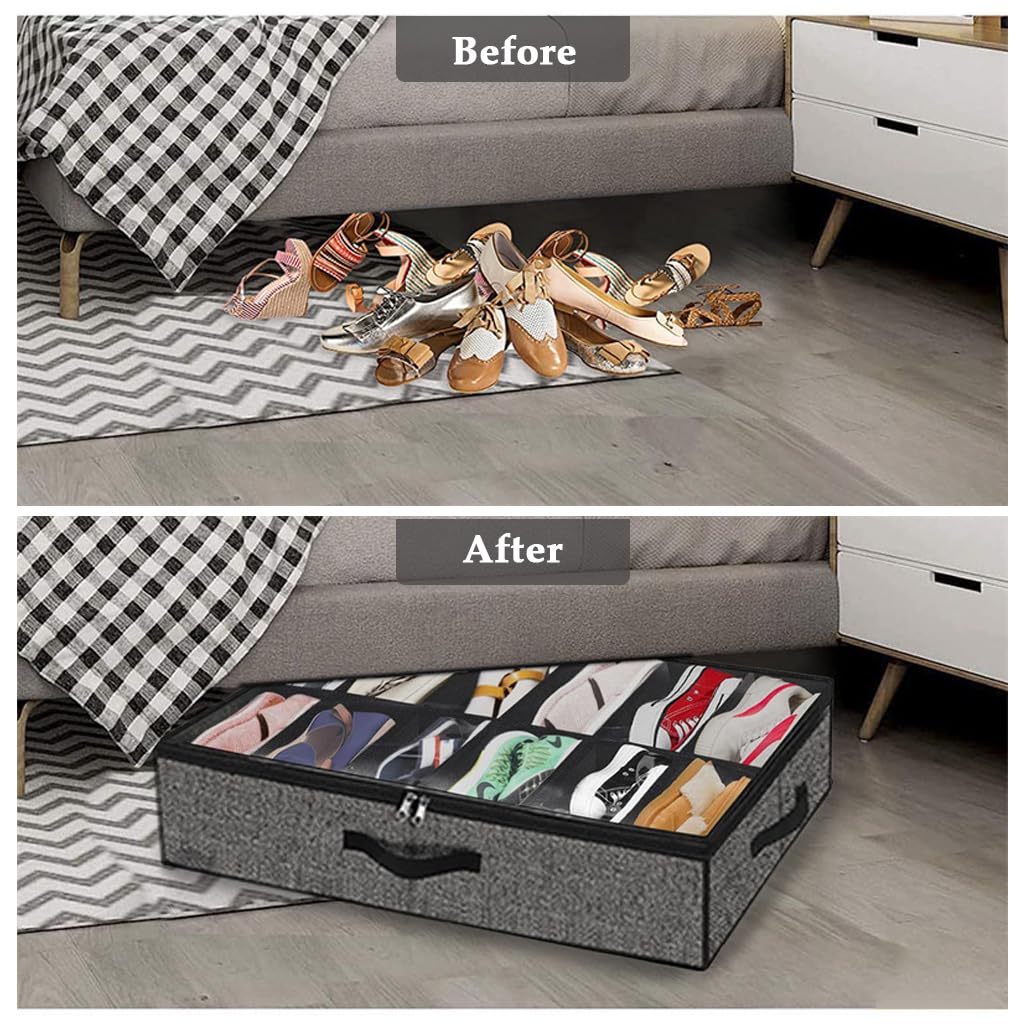 HASTHIP Under Bed Shoe Storage Organizer for 6–12 Pairs with Clear Zip Cover | 75x60x15cm Folding Non Woven Fabric Box
