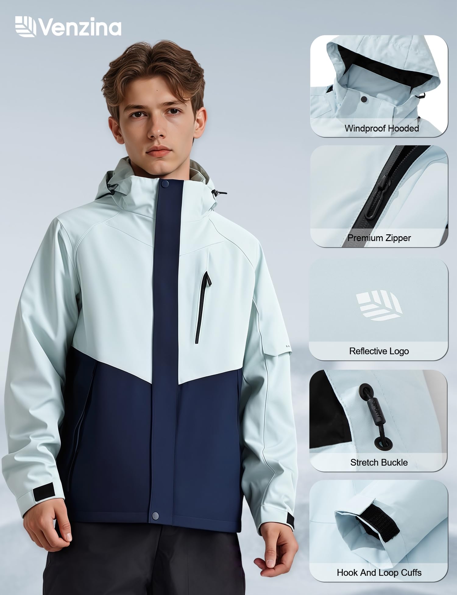 Venzina Men's Lightweight Jacket for Hiking and Cycling with Reflective Sleeves | Breathable Water‑Repellent Windbreaker in Grey