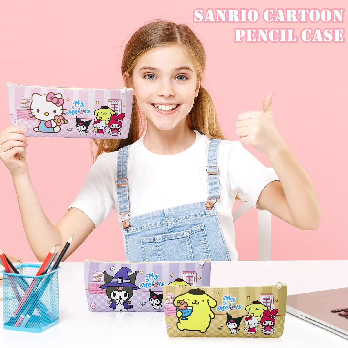 Climberty® 6Pcs Sanrio Cartoon Pencil Pouch for Students Cinnamoroll Pencil Pouches School Girls Cartoon Print Kitty Pencil Pouches PU Stationeries Zipper Pouches School Gifts for Girls, 21x8x3cm