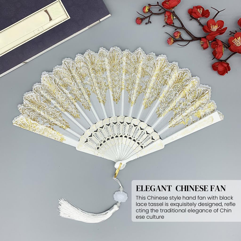 HASTHIP Hand Fan for Travel and Summer Cooling with Tassel Charm White Fabric 9 in | Gift for Women