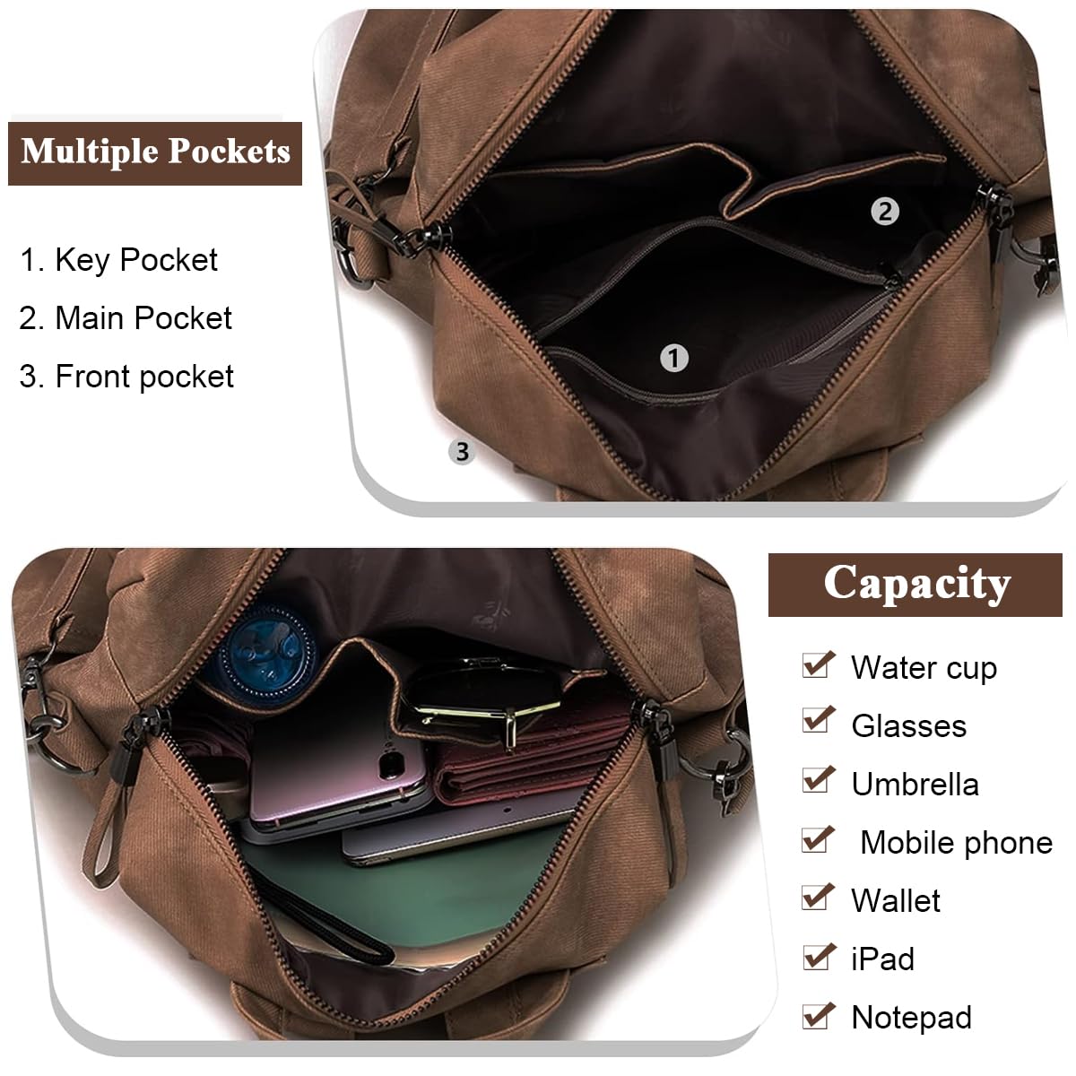 PALAY PU Leather Backpack for Women with 12x11 in Capacity and Back Zipper Pocket | Brown 3 PCS Set