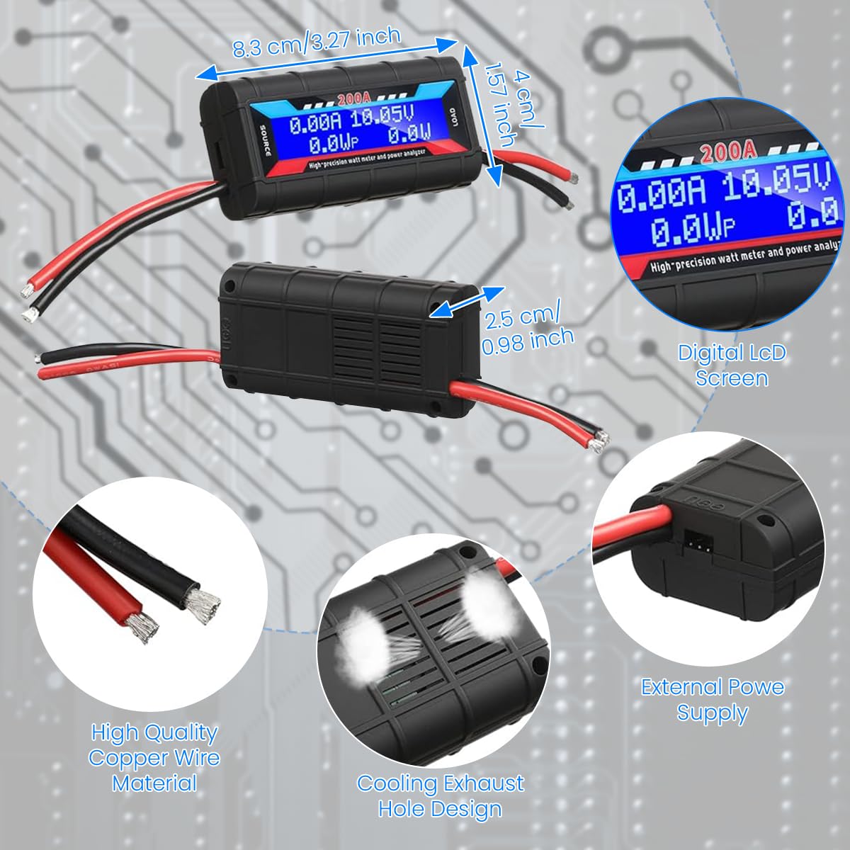 Serplex Power Analyzer for Solar and EV Systems featuring 4.8–60V 200A Range | Backlit LCD