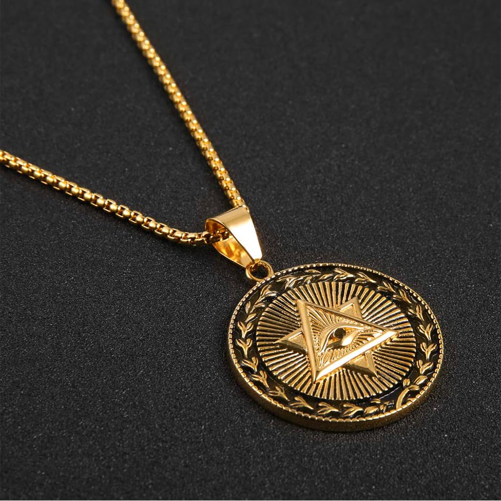 Proberos Eye of Providence Necklace featuring Embossed Golden Pendant for Men | Adjustable Alloy Chain