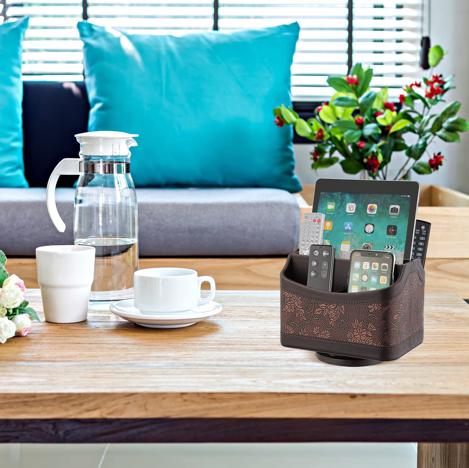 Climberty Desk Organizer with 360 Rotatable Base and Vintage Embossed Brown PU Leather | 17.5x13.5x15.5cm