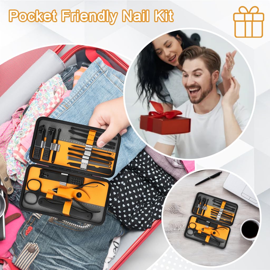 ZIBUYU Manicure Pedicure Kit with 15 Pcs Ergonomic Tools and Black Leather Case for Travel