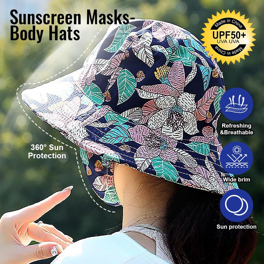 PALAY® Bucket Hat for Women with Face Mask, One Piece Bucket Hats for Women, Fashion Leaf Prints Summer Sun Hats for Women UV Protection Wide Brim Outdoor Hat for Cycling, Fishing