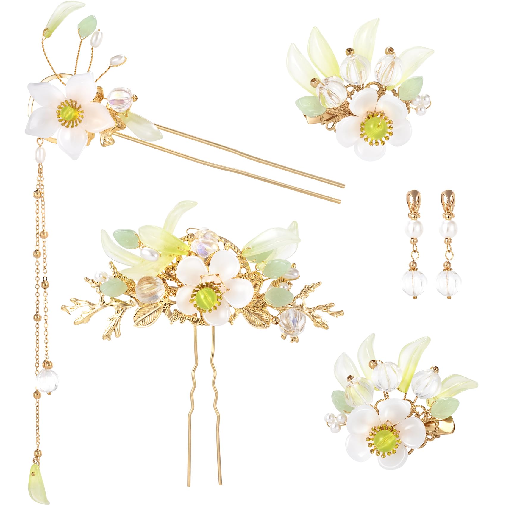 SANNIDHI® 6PCS Lily Flower Tassels Hairpin, Crystal Rhinestone Pearl Hair Clips Headpiece Retro Brides Valentines Hair Accessories Jewelry for Women Girls Updo Long Hairs