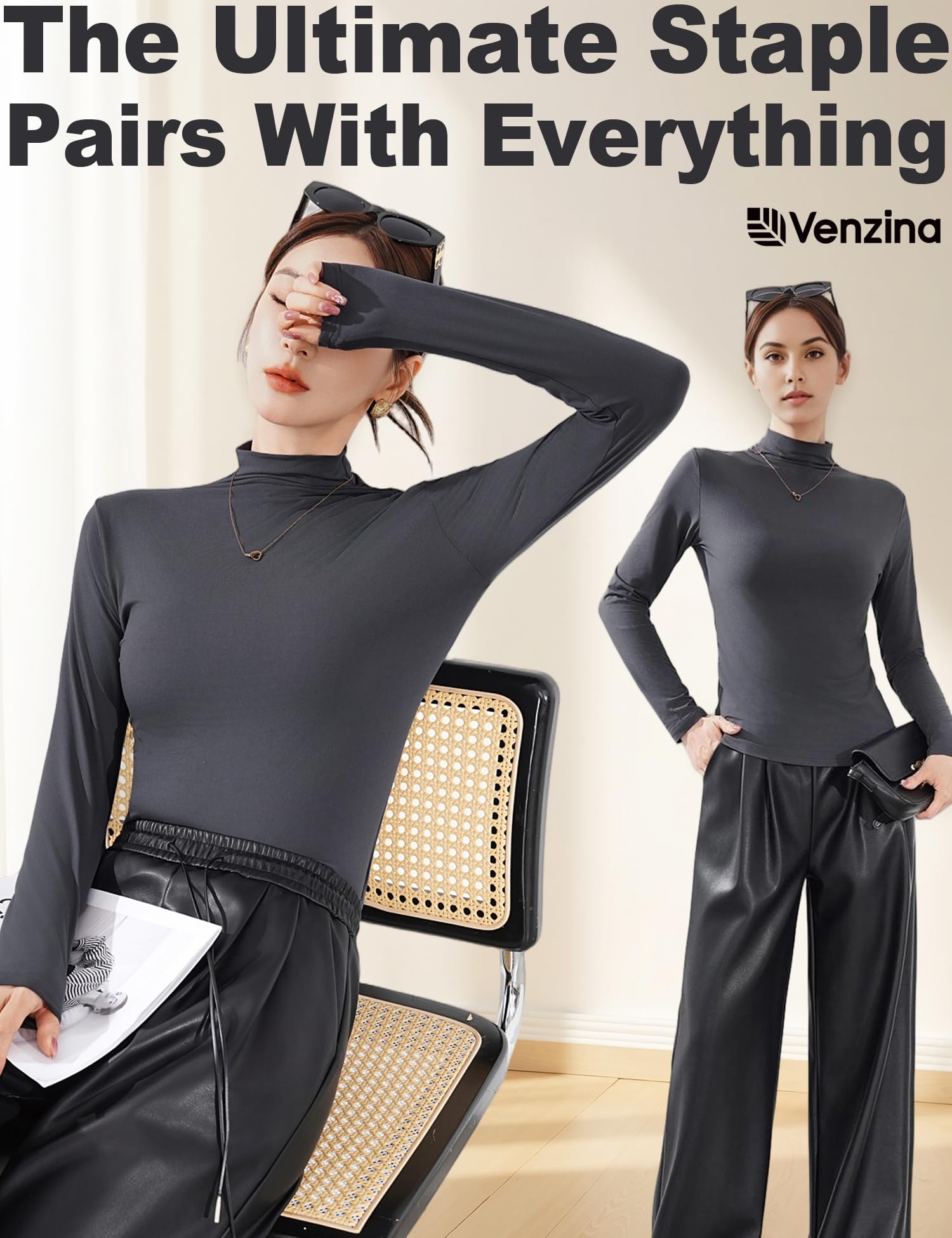 Venzina Women’s Long Sleeve Mock Neck Top for Fall and Winter Layering | Soft Stretch Slim Fit Pullover in Grey