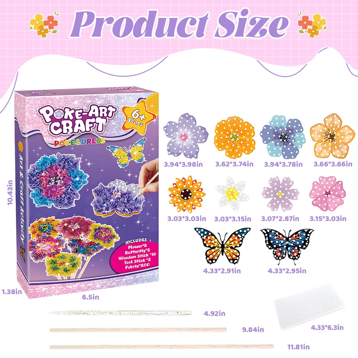 PATPAT Poke in Art Kit for Kids 6-12 with 800 pcs Fabric Squares and Sturdy Stems | Creative Flower Bouquet Craft Gift