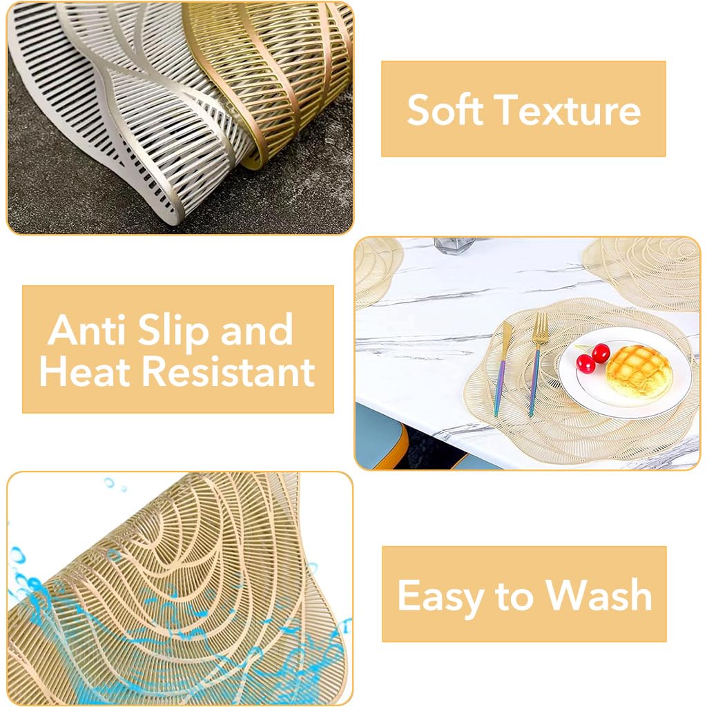 ZIBUYU Table Mats for Dining Table Set of 4 featuring 15 inch Round Rose Cutwork PVC | Golden Heat Resistant Non Slip Design