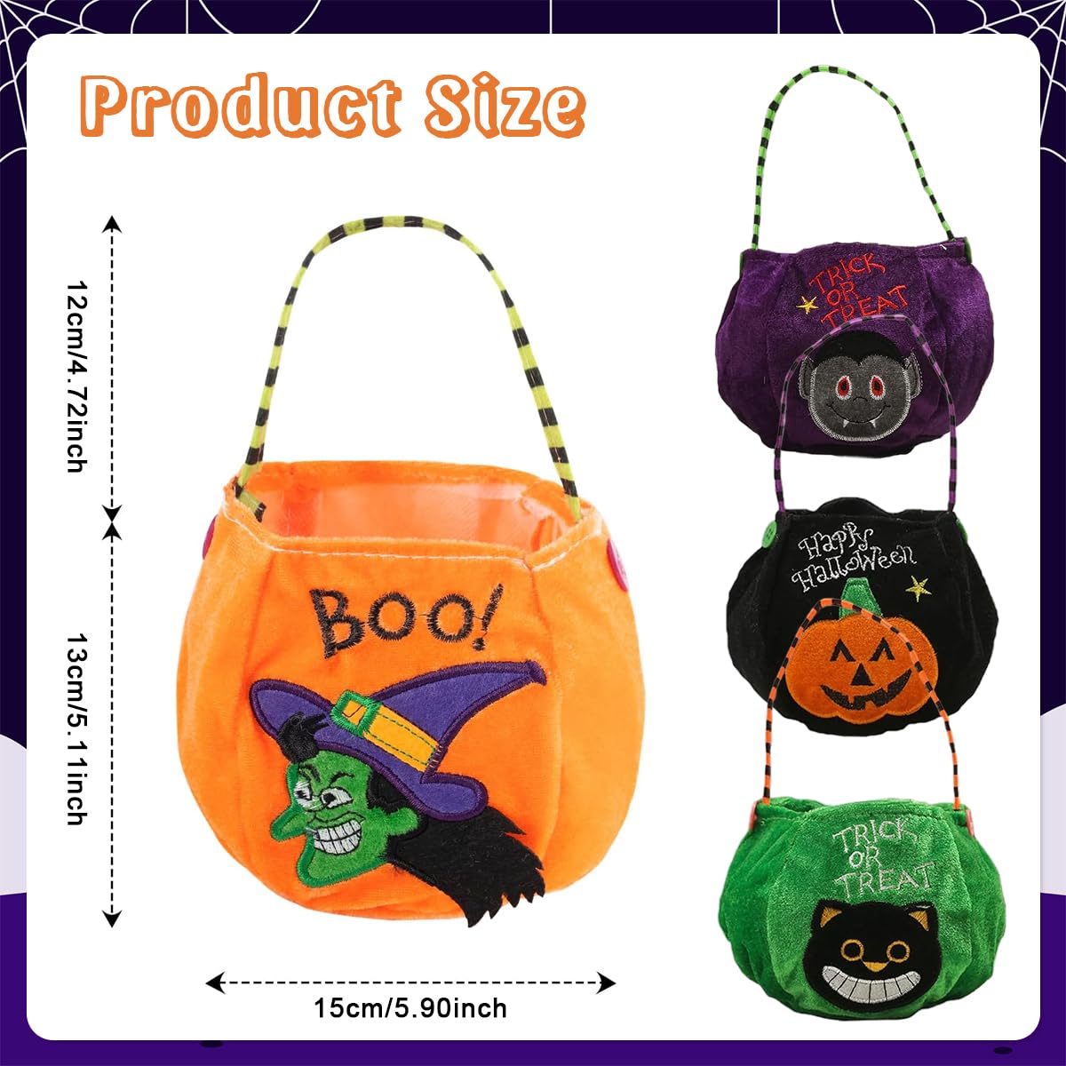 HASTHIP Halloween Candy Baskets for Kids with 20x13 cm Size and Velvet Fabric | Witch Cat Pumpkin Vampire Designs