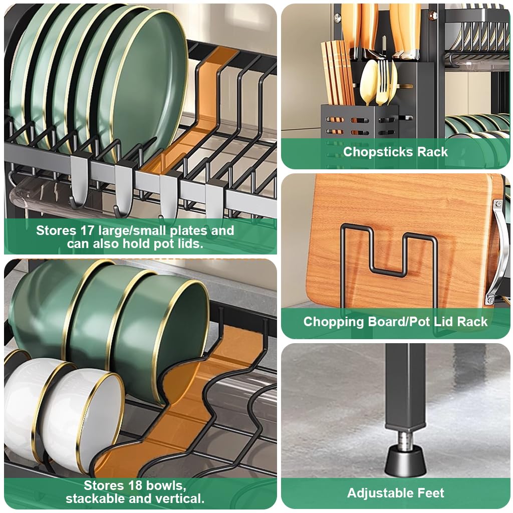 HASTHIP Kitchen Utensils Drying Rack for Storage with 3 Tier 63x42x24.5 cm Carbon Steel | Hook and Cutlery Holder