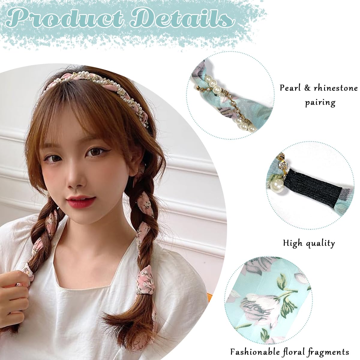 PALAY Ribbon Hair Band for Women with Braided Design and Pearl Floral Prints | 2Pcs Set