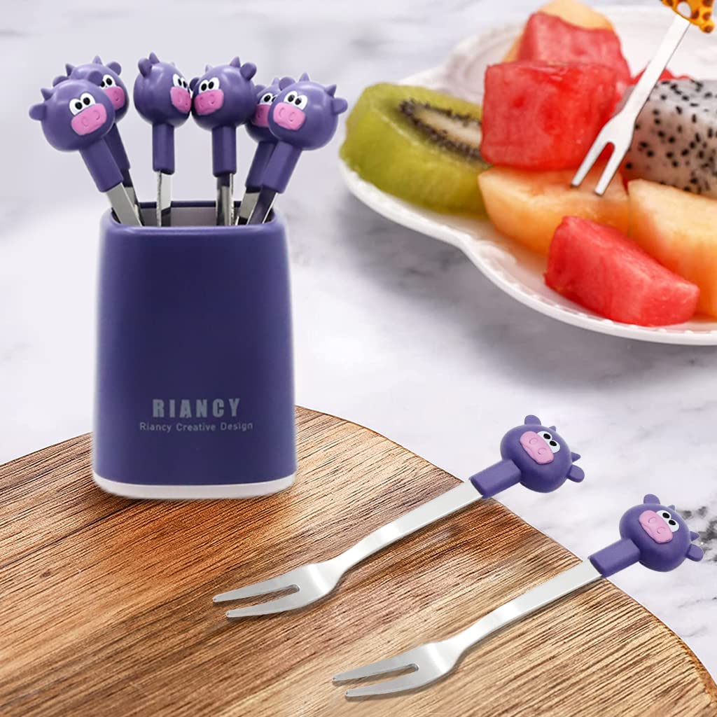 HASTHIP Food Fruit Forks for Kids with Cute Cow Handle 6pcs 4.65in Stainless Steel | Reusable Dessert Fork Set