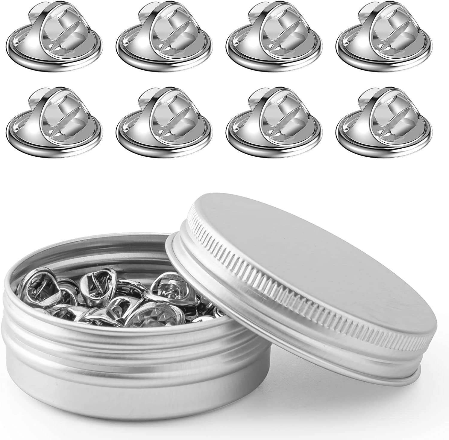 ZIBUYU® 50PCS Metal Pin Backs Pin Combo, Pin Backs for Badge, Enamel Pin, Brooch Pin Replacement Locking Pin Backs for DIY Brooch Sewing, Tin Box Packing, Silver