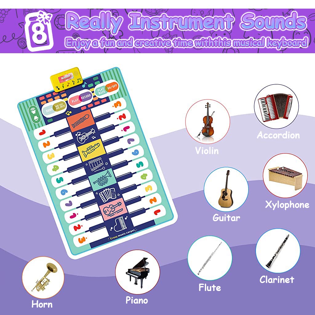 PATPAT Musical Mat for Kids with Dual Row 20 Keys Piano and 8 Instruments 46.5 x 30.7 in | Educational Toy for 1–6 Year Old Boys and Girls