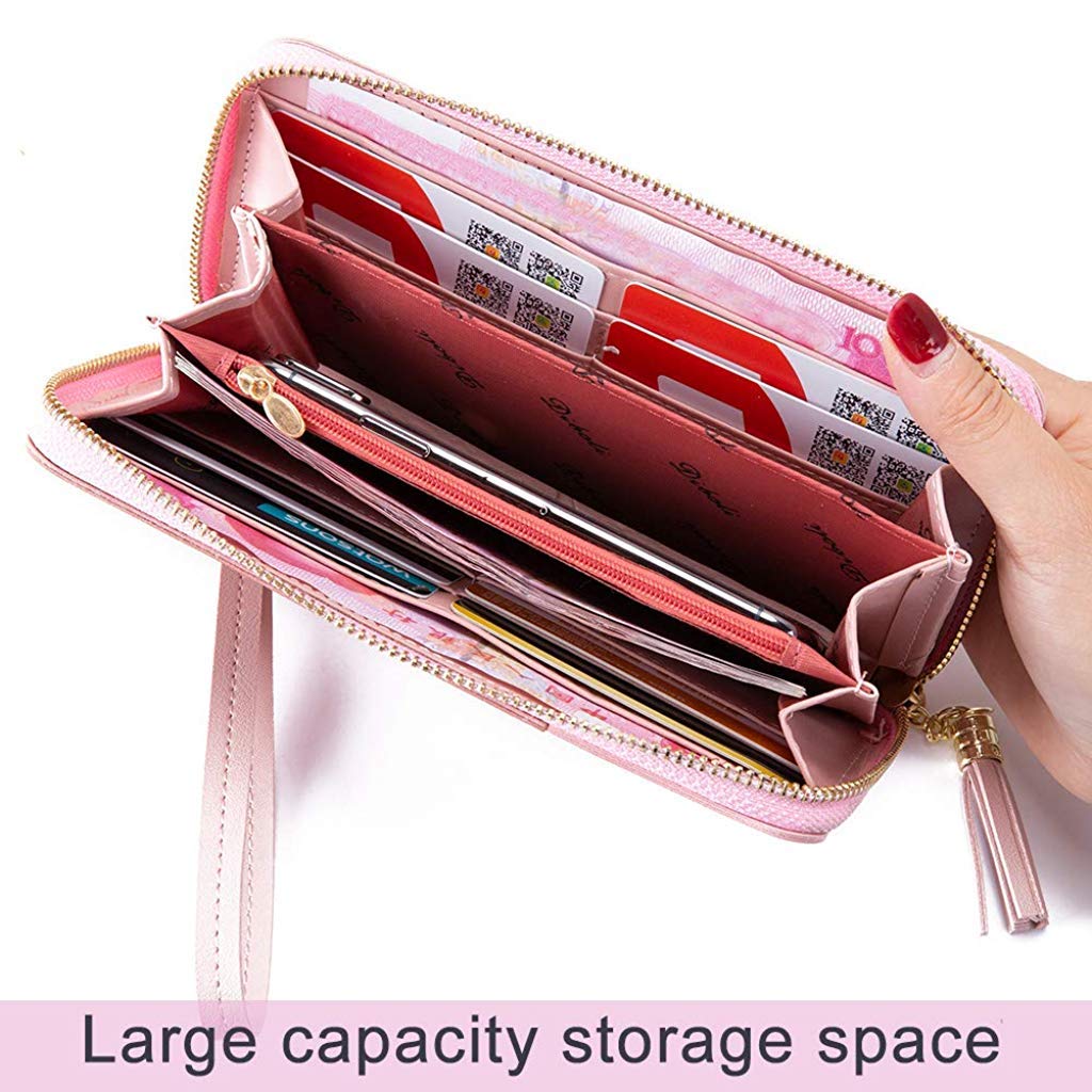 PALAY  Women's Long Wallet Tassel PU Leather Multi- Slots Girls Zipper Coin Large Purse Wallet for Women(Pink)