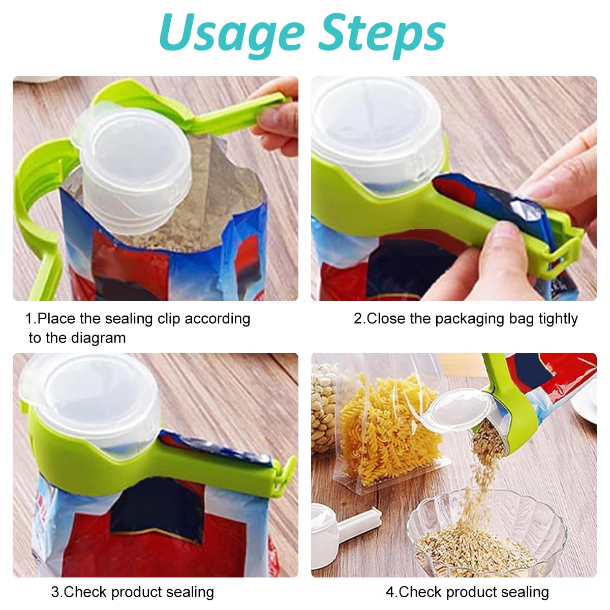 HASTHIP 4Pcs Bag Clips for Food, Food Snack Bag Pouch Clip Sealer with Sealing Lid, 2 in 1Snack Seal Sealing Bag Clips Vacuum Sealer, Great for Organizing and Storing Food in the Kitchen