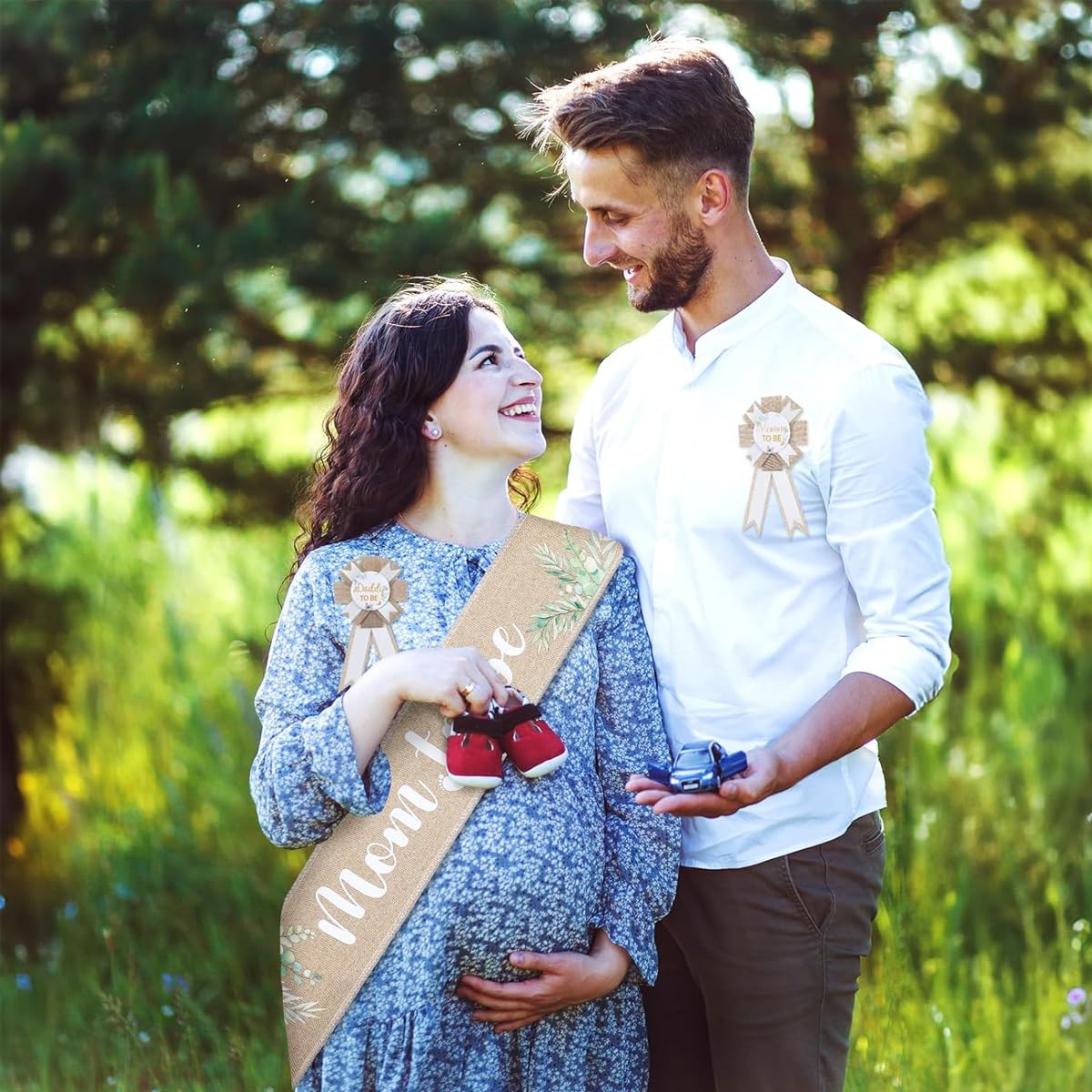 ZIBUYU Mom to Be Sash Set for Baby Shower featuring Natural Fiberflax Badges | Godh Bharai Gift