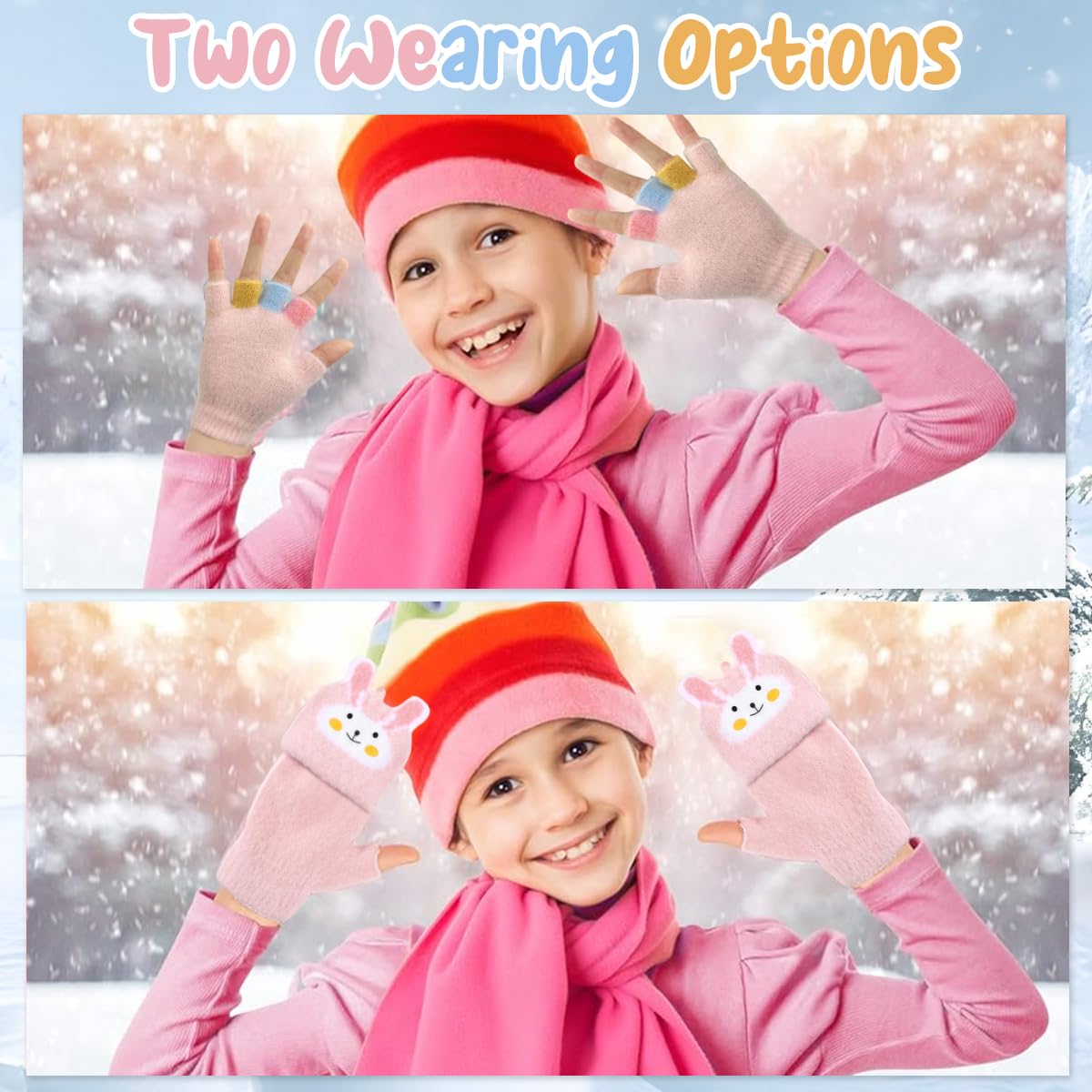 PATPAT Pink Bunny Flip Winter Gloves for Girls 4–12 with Finger Guard Flap | Soft Plush Half Finger Mitts for Outdoor Fun