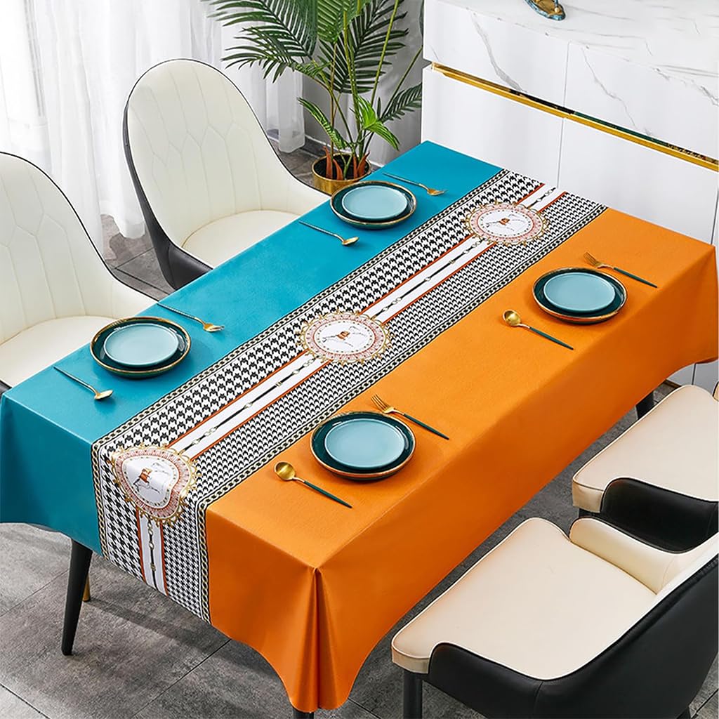 ZIBUYU® Dining Room PVC Tablecloth 140x220cm Waterproof Oil Resistant PVC Tablecloth Fashion Blue Orange Print Table Runner Print Tablecloth Modern Tablecloth for Rectangular Tables, Buffet Tables