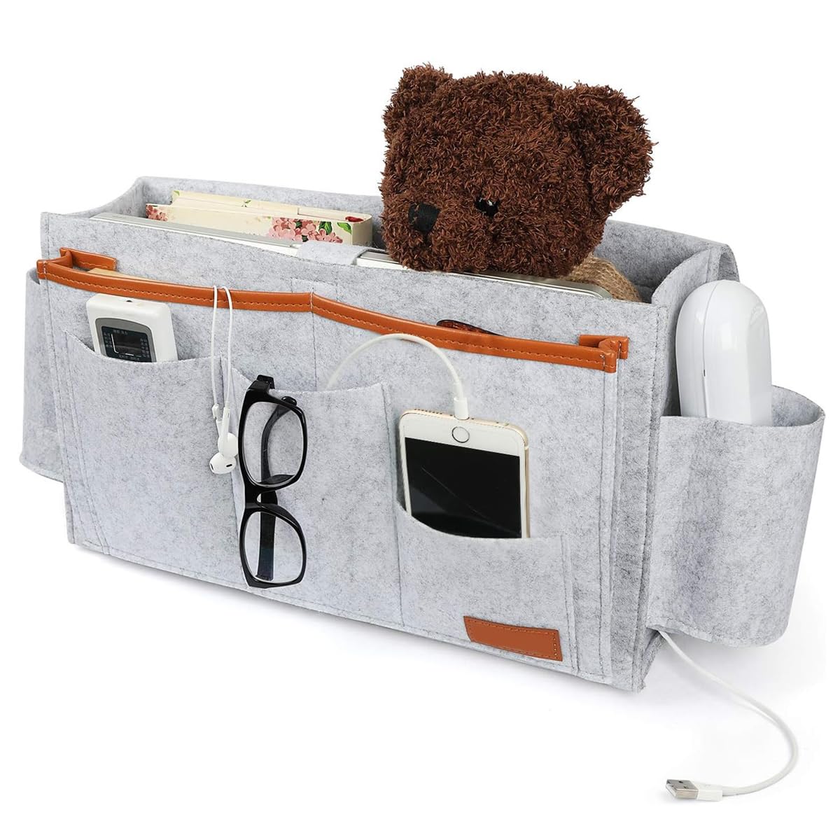 HASTHIP Bedside Caddy Bag for Bed Sofa and Desk featuring Flip Board and Felt Pockets Organizer