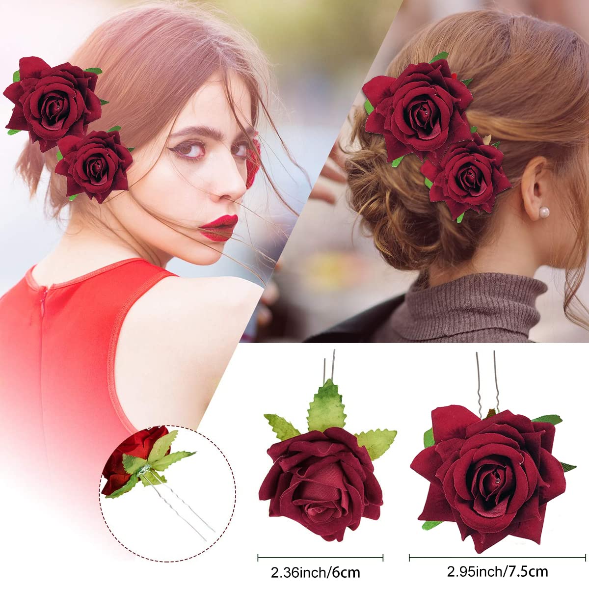 GUSTAVE® Set of 4 Stylish Rose Bridal Floral Hair Pin Clips & Hair Accessories with Side Comb for Women Girl Party, party, Princess, Dating