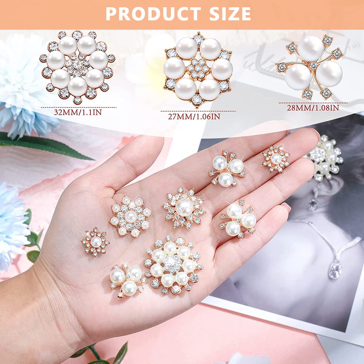 SANNIDHI Pearl Rhinestone Brooch Buttons for DIY Crafts featuring Alloy Flower Flat Backs | 11pcs Embellishments for Jewelry, Bags and Clothes