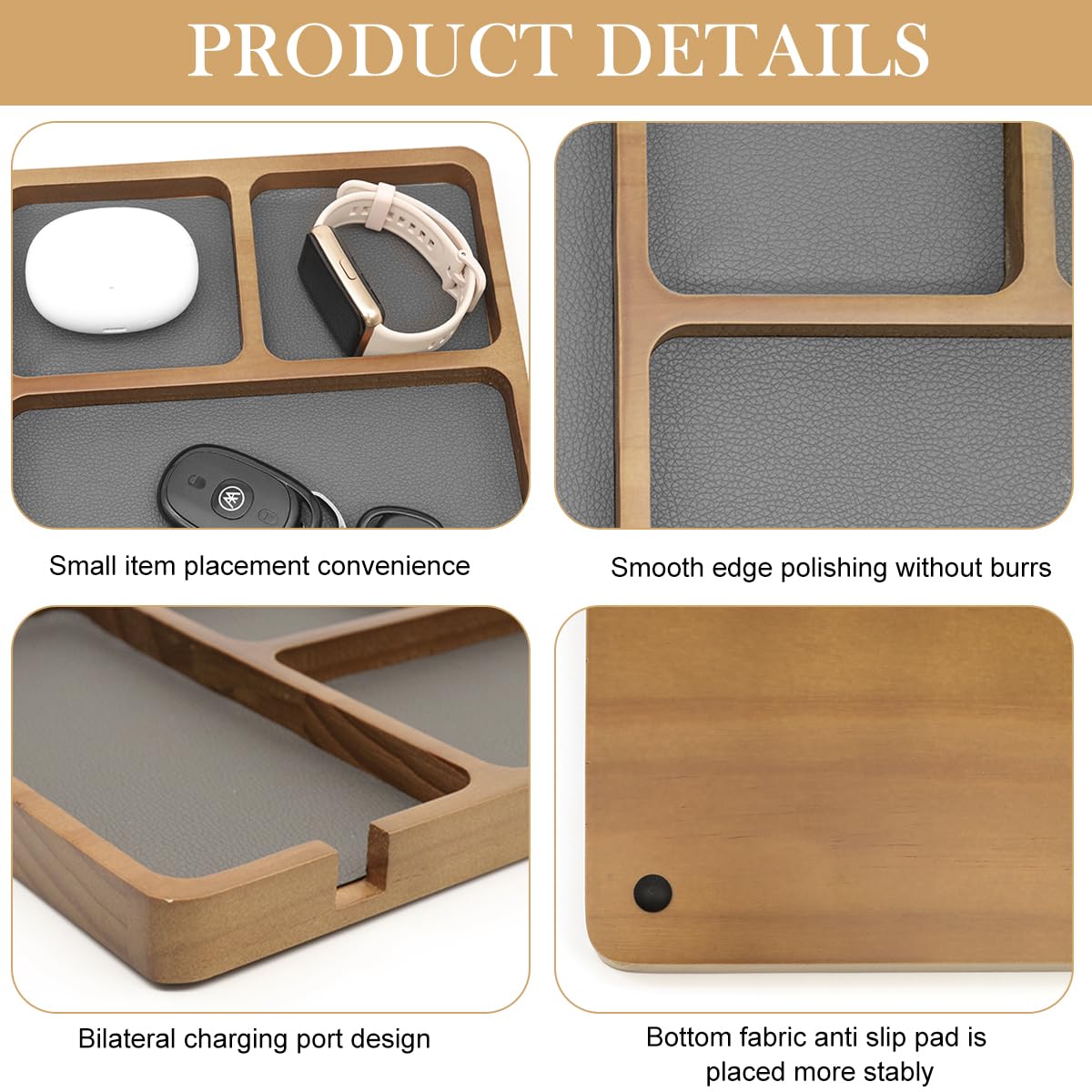 Climberty Valet Tray Organizer for Desk and Nightstand with Cable Notches & PU Lining | 3PCS Wooden Catchall for Keys Wallet and Phone
