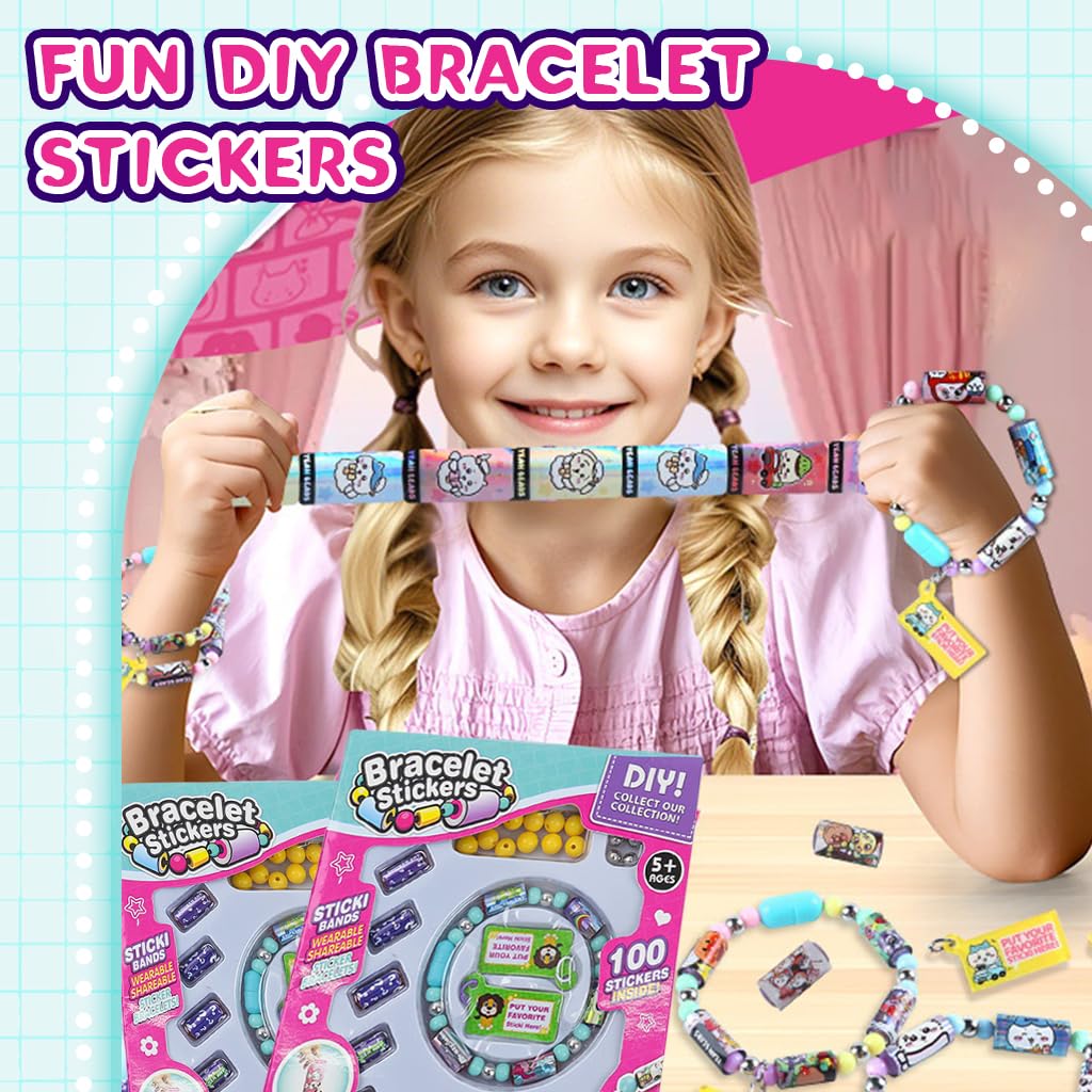 PATPAT DIY Sticker Bracelet Set with 100 Mini Stickers and Elastic Beads | Fun Gift for Kids