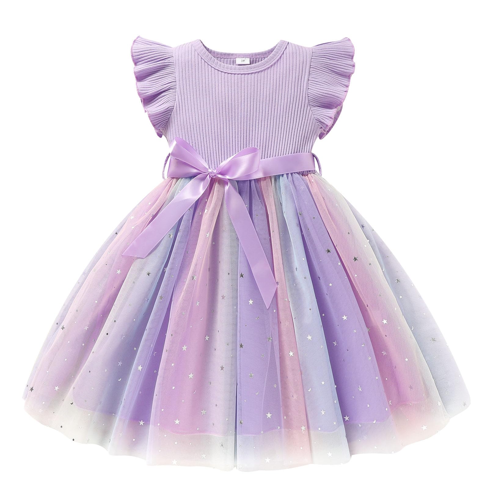 SANNIDHI® Fashion Girls Dress for Age 5-6 Years Old, Rainbow Tulle Princess Dress with Bow, Sleeveless Ruffle Princess Dress for Birthday, Wedding, and Party
