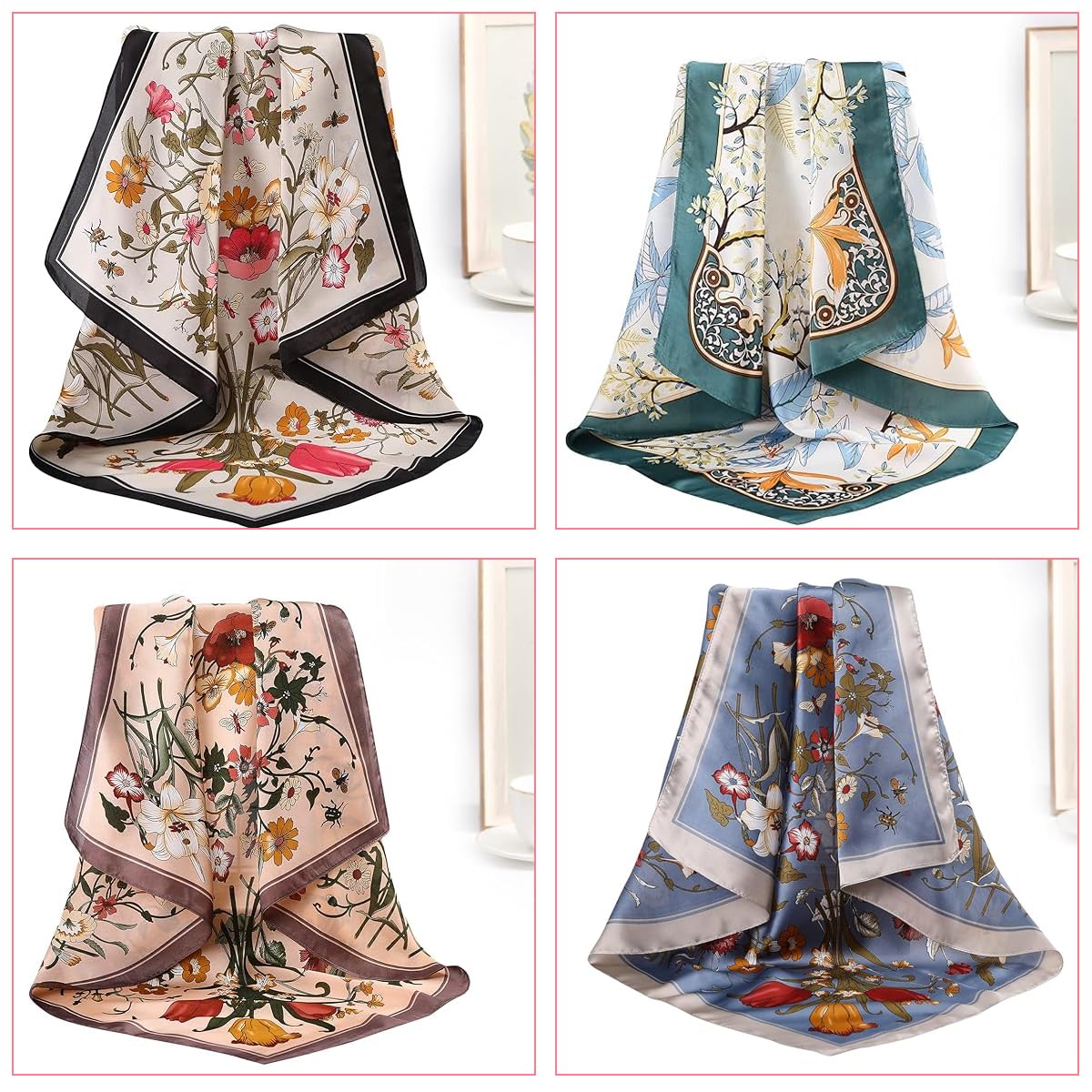 SANNIDHI Hair Scarf for Women featuring 27x27 in Silk-like Satin & Floral Print | Pack of 4