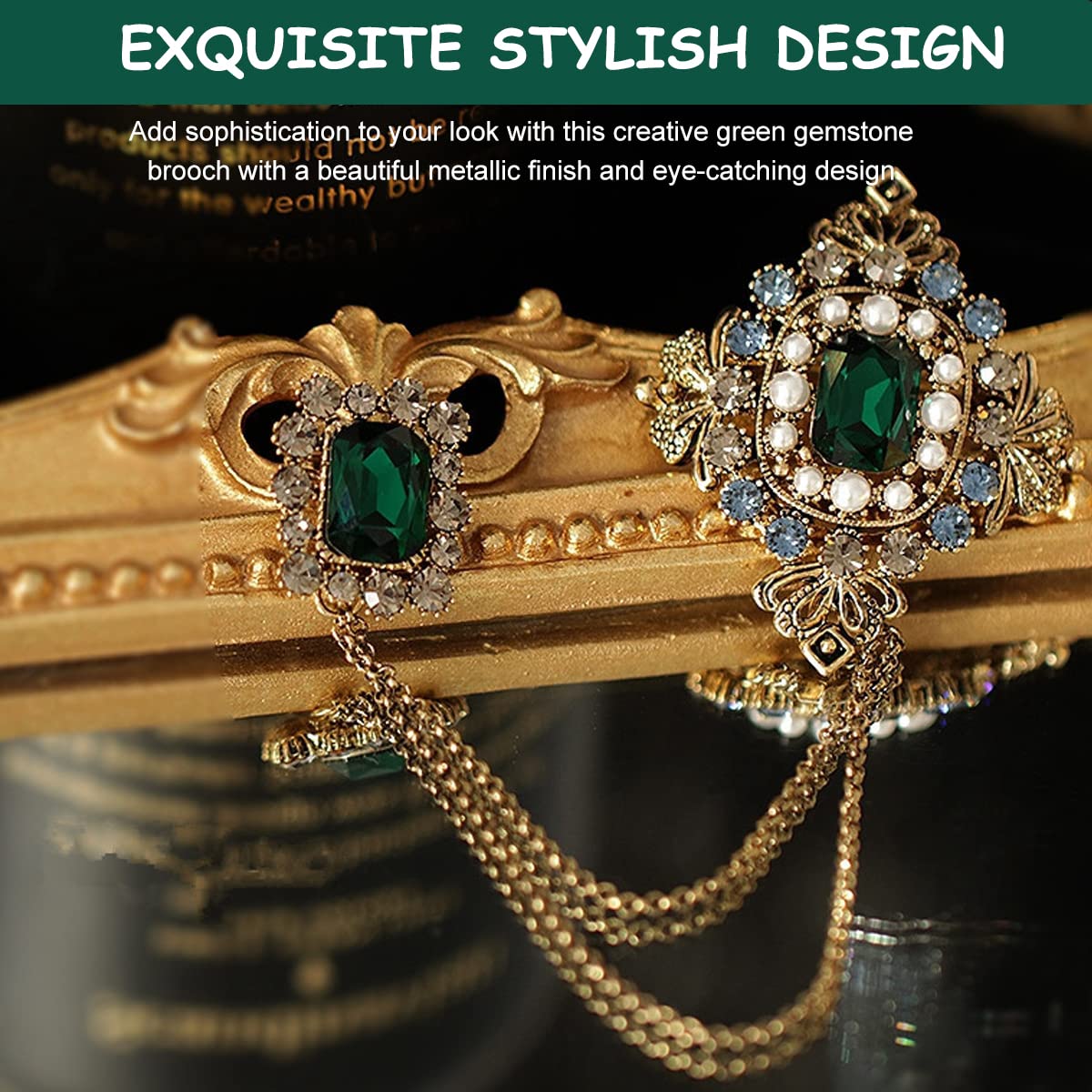 SANNIDHI Rhinestone Brooch for Sherwani and Gown with 13 cm Chain Gold Zinc Alloy | Emerald Setting
