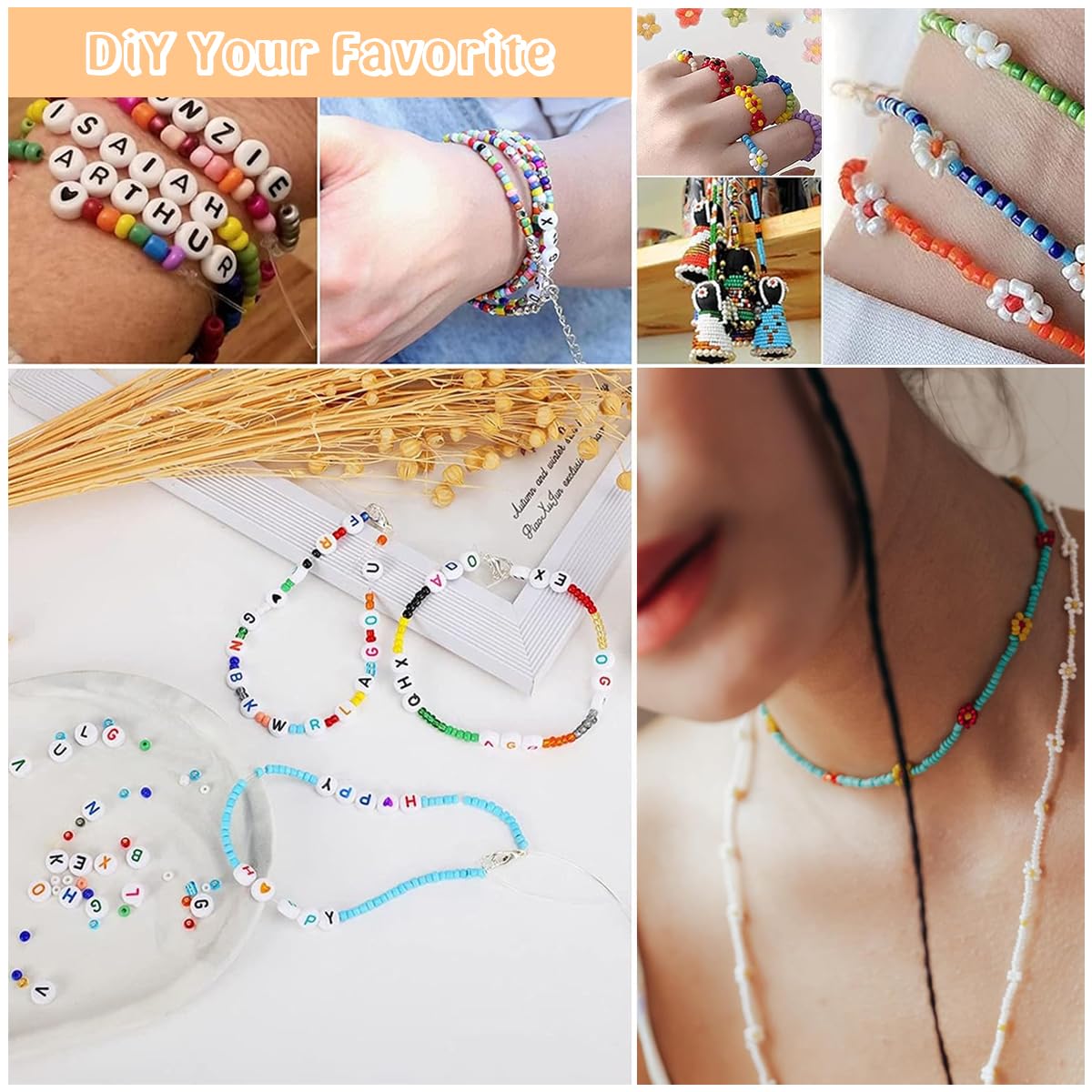 SANNIDHI Seed Beads Kit for Jewellery Making with 8000pcs 3mm Beads and Letter Styles | DIY Crafts for Kids and Adults