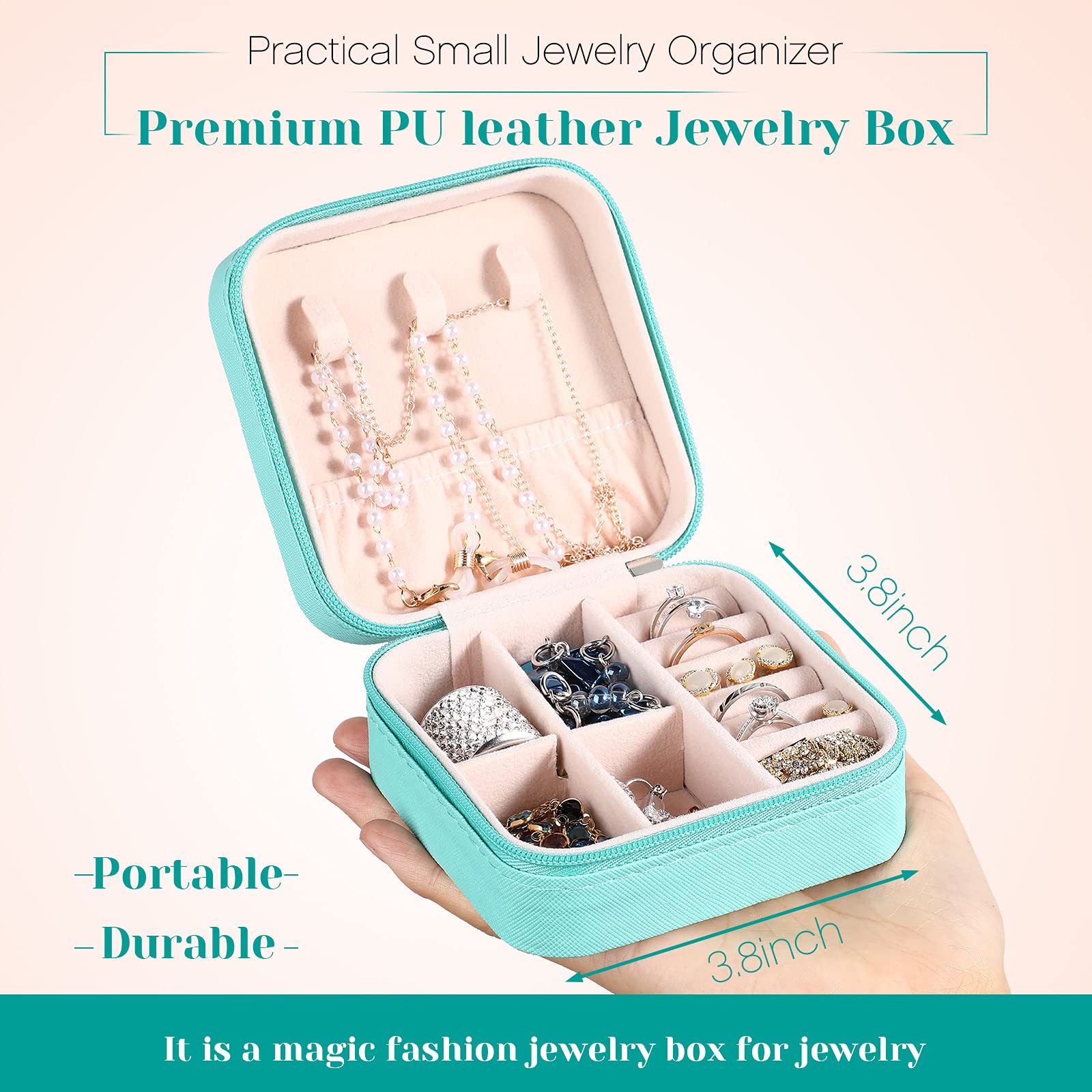SANNIDHI Jewellery Box for Travel with 10×10×5cm Compartments featuring Safety Zipper | Mint Green PU Leather Organizer for Girls and Women